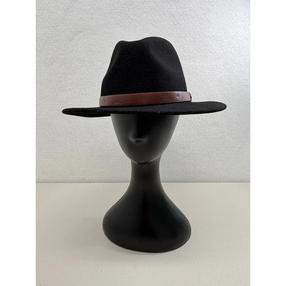 Brixton Messer Black Wool Felt Fedora Hat Brown Faux Leather Band Size S 56cm